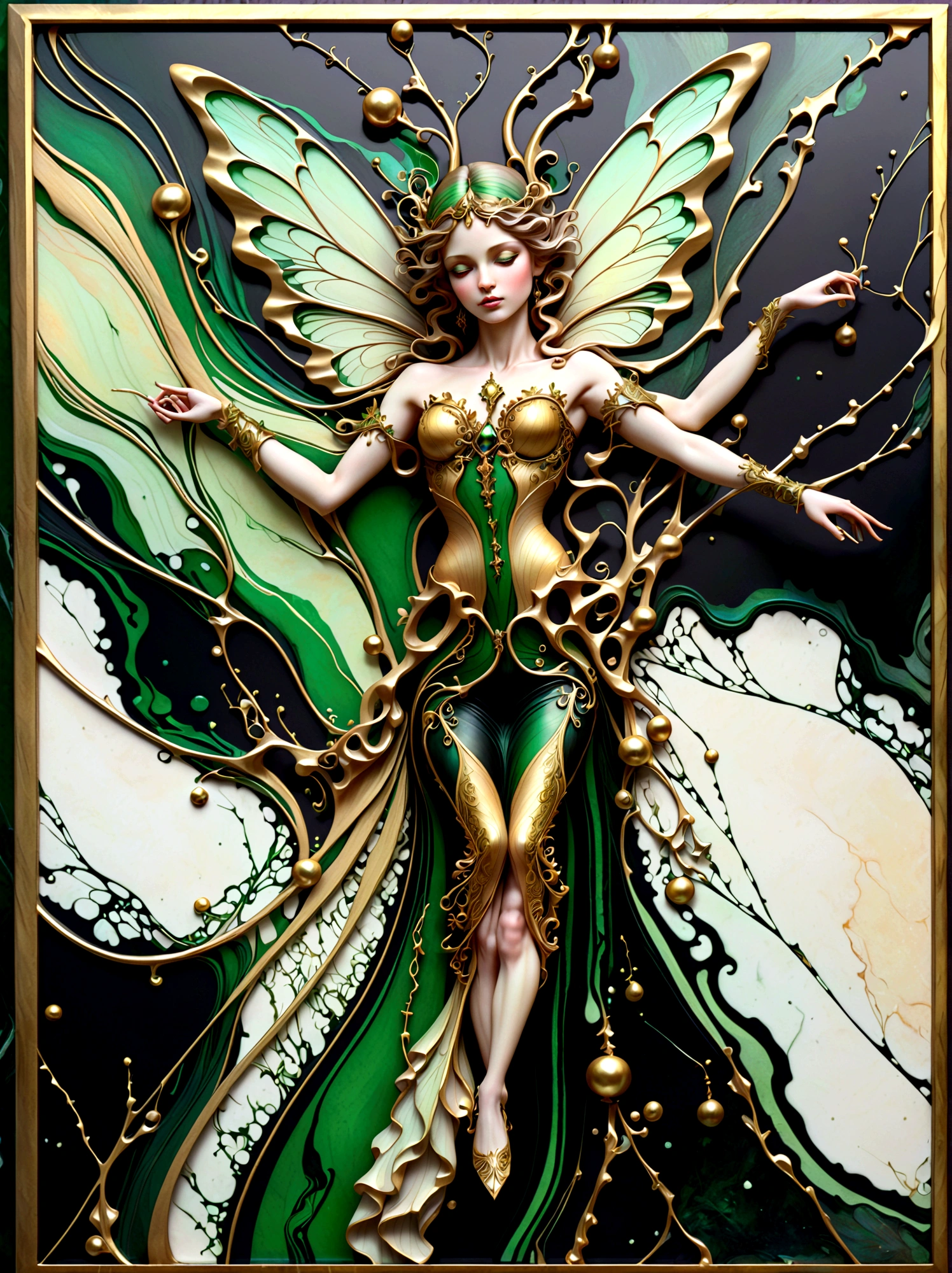 a portrait of a beautiful fairy made from an abstract marble texture, with colors of black, green and gold, highly detailed, intricate design, marble material, BY Anne Bachelier,