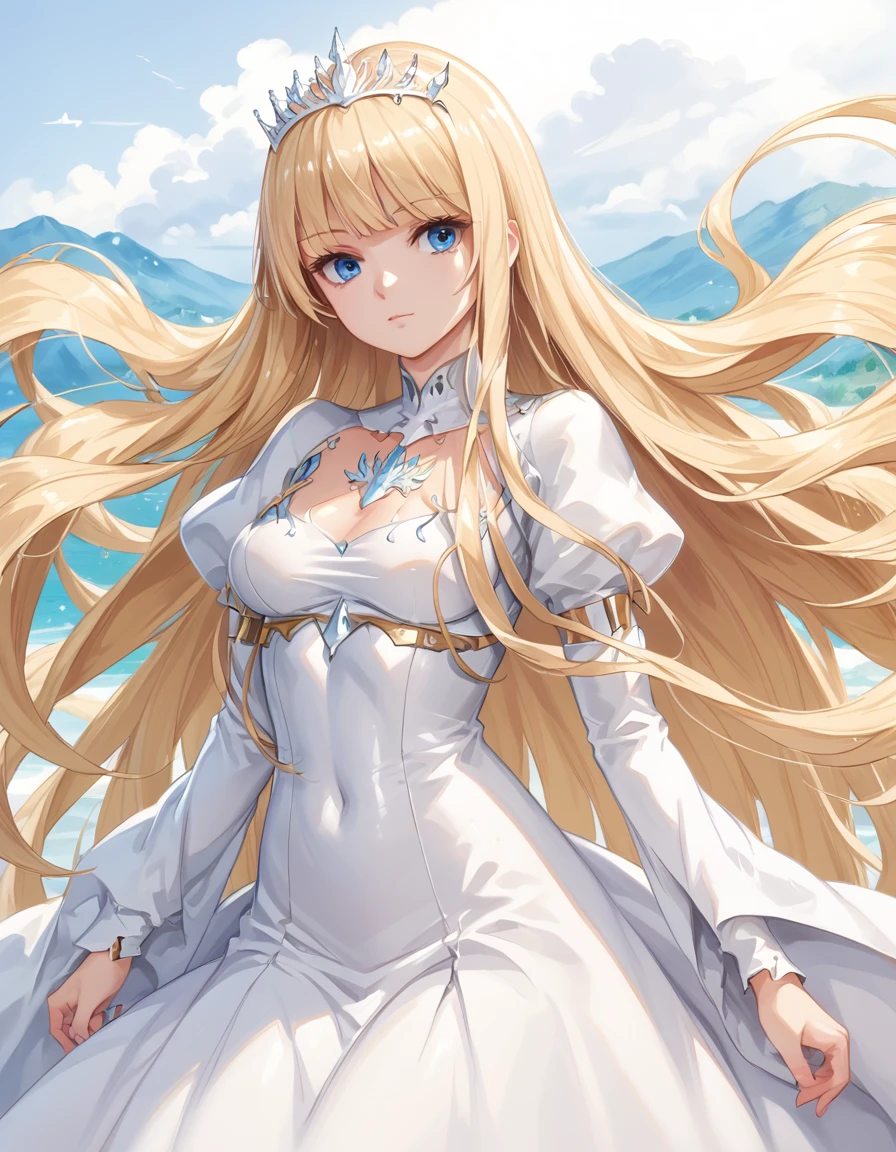  best quality, , score_9_up, shiny body, smooth body , perfect body, , anime_source ,,1girl,solo, calca, blonde hair, ,( extremely long hair:1.3), very long hair, extra long hair, white tiara, white dress, blue eyes,Calca Bessarez, medium breast,Calca