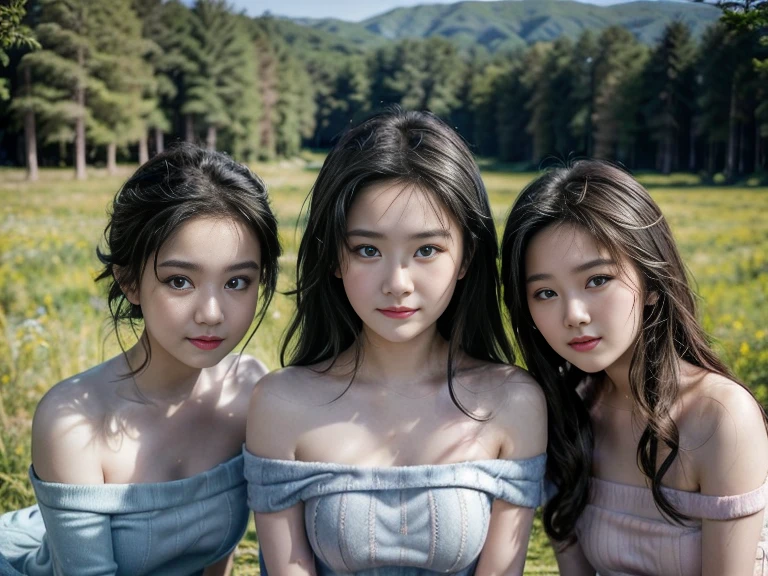 (3 girls), Young faceอินโดนีเซีย, 12 years,smile,Silver hair, white skin, Round breast, blue eyes,(( Strapless sweater))Masterpiece, Highest quality, 8K, beautiful girl, Young face、 photography, Cute face, thigh,In the meadow, Embarrassing、รอยsmile、((((((อายุ 12 years))))))、small waist、 ((Busty breasts))