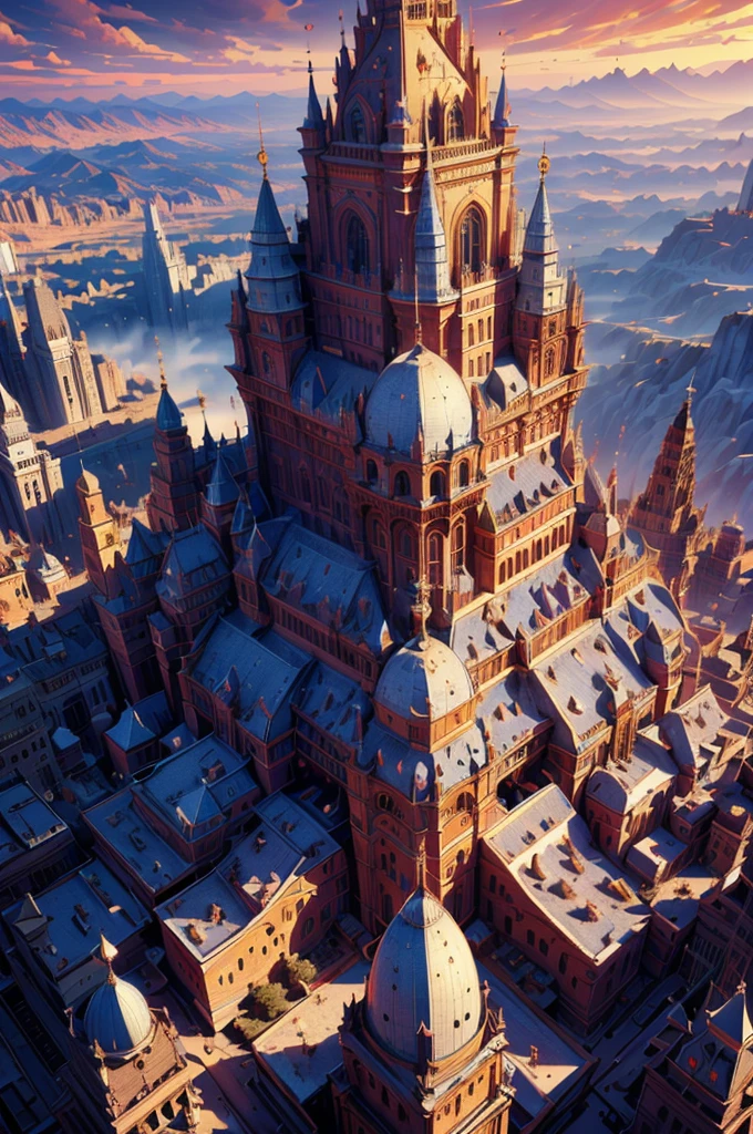 a grand cityscape of a feudal , view from high above, small ornate coliseum in the distance, striking red accents and details throughout, cinematic dramatic lighting, highly detailed, 8k, photorealistic, intricate architecture, (best quality,4k,8k,highres,masterpiece:1.2),ultra-detailed,(realistic,photorealistic,photo-realistic:1.37)