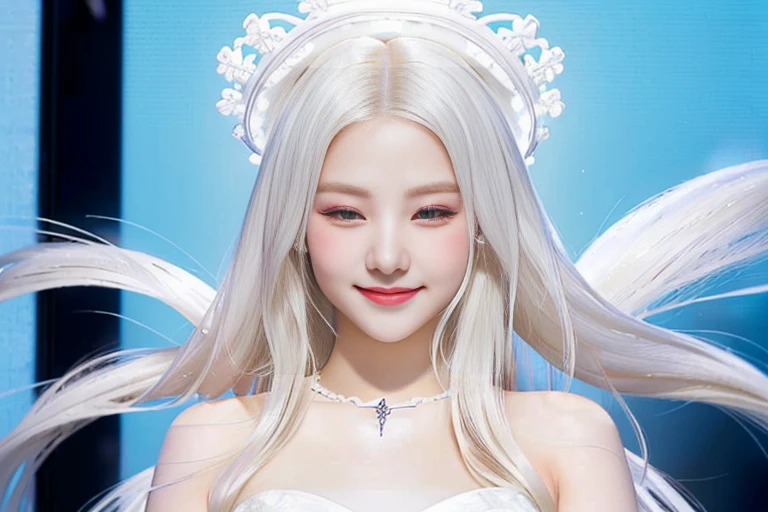 Blonde girl in white dress and necklace posing for a photo., girl with white hair, Guweiz, with long white hair, with long white hair, cute and clear face, a girl with blonde hair, perfect white haired girl, white-hair pretty face, cute natural anime face, Smiling Like a Fairy Queen, white hair floating in the air, beautiful and smiling