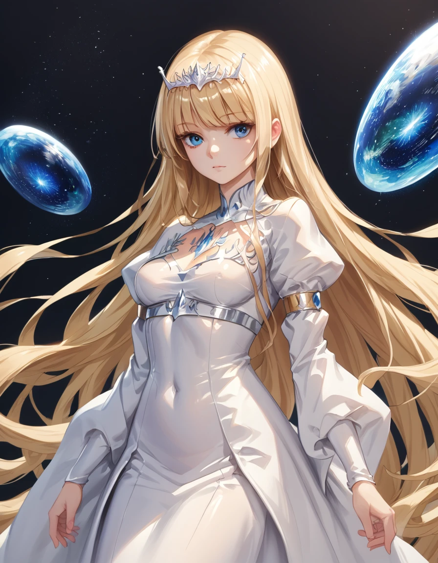  best quality, , score_9_up, shiny body, smooth body , perfect body, , anime_source ,,1girl,solo, calca, blonde hair, ,( extremely long hair:1.3), very long hair, extra long hair, white tiara, white dress, blue eyes,Calca Bessarez, medium breast,Calca