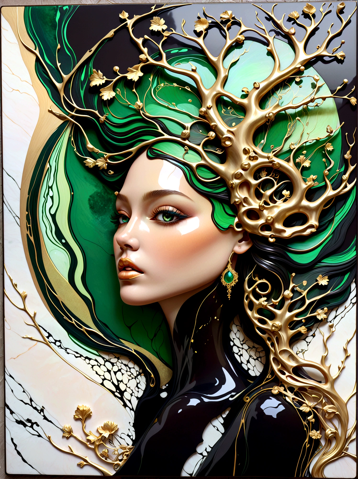 ein wunderschönes Porträt einer Fee mit dem Lebensbaum, der in einer abstrakten Marmorstruktur aus ihrem Kopf fließt, mit Farben von Obsidianschwarz, glänzendes Gold, und Smaragdgrün, sehr detailliert, kompliziertes Design, BY Anne Bachelier,