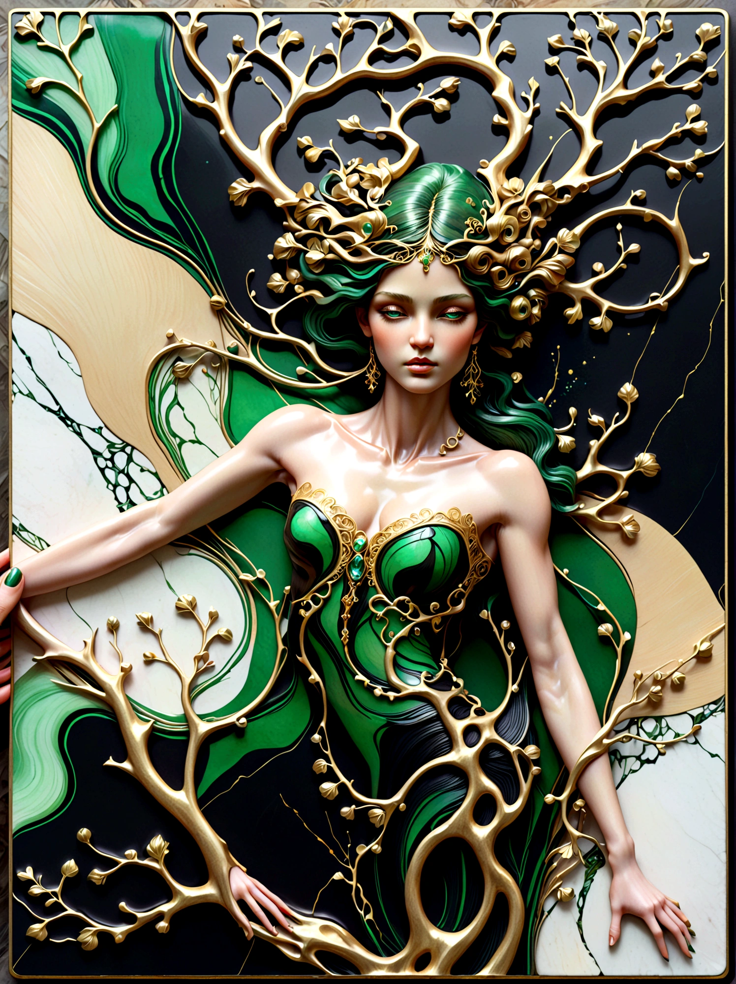 一幅美麗的仙女肖像，生命之樹從她的頭上以抽象的大理石紋理流淌, 顏色為黑曜石黑, 閃亮的金色, 和翠綠色, 非常詳細, 複雜的設計, 作者：安妮·巴舍利尔,