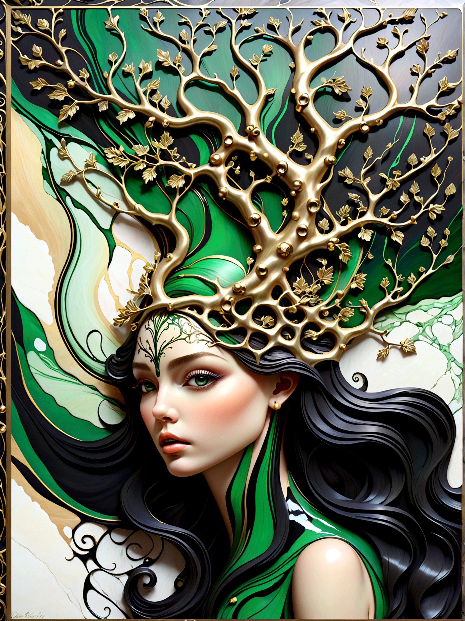 красивый портрет феи с древом жизни, вытекающим из ее головы в абстрактной мраморной текстуре, с цветами черного обсидиана, Блестящее золото, и изумрудно-зеленый, очень подробный, сложный дизайн, от Анны Башелье,