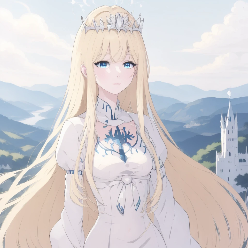 ,1girl,solo, calca, blonde hair, ,( extremely long hair:1.3), very long hair, extra long hair, white tiara, white dress, blue eyes,Calca Bessarez, medium breast,Calca
