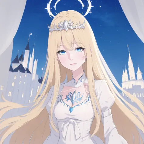 ,1girl,solo, calca, blonde hair, ,( extremely long hair:1.3), very long hair, extra long hair, white tiara, white dress, blue ey...