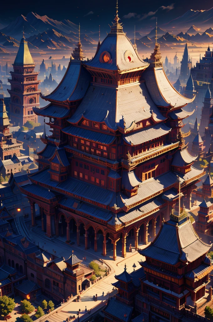 uma grande paisagem urbana feudal, cidade dos samurais, vista de cima, pequeno coliseu ornamentado à distância, impressionantes detalhes e detalhes em vermelho, iluminação dramática cinematográfica, Altamente detalhado, 8K, fotorrealista, arquitetura complexa,