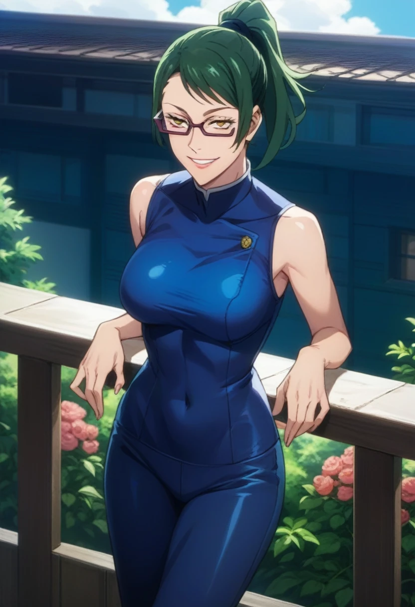 score_9, score_8_up, score_7_up, score_6_up, h1m3n0, 1girl, , mature female,  Maki Zenin , green ponytail bang hair, glasses, yellow eyes, dark blue tight jujutsu uniform, naughty smile, balcony, standing in seductive pose