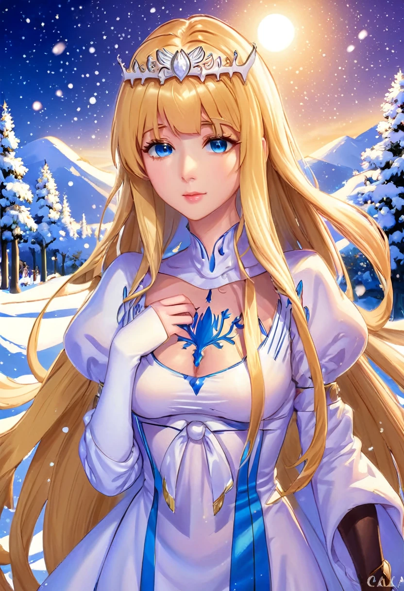 (best quality), ((masterpiece)), (highres), illustration, original, extremely detailed, light particles, glowing, upper body, , snowing, ,1girl,solo, calca, blonde hair, ,( extremely long hair:1.3), very long hair, extra long hair, white tiara, white dress, blue eyes,Calca Bessarez, medium breast,Calca