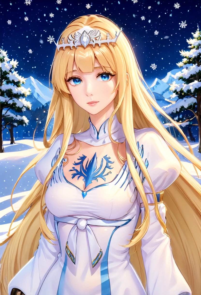 (best quality), ((masterpiece)), (highres), illustration, original, extremely detailed, light particles, glowing, upper body, , snowing, ,1girl,solo, calca, blonde hair, ,( extremely long hair:1.3), very long hair, extra long hair, white tiara, white dress, blue eyes,Calca Bessarez, medium breast,Calca