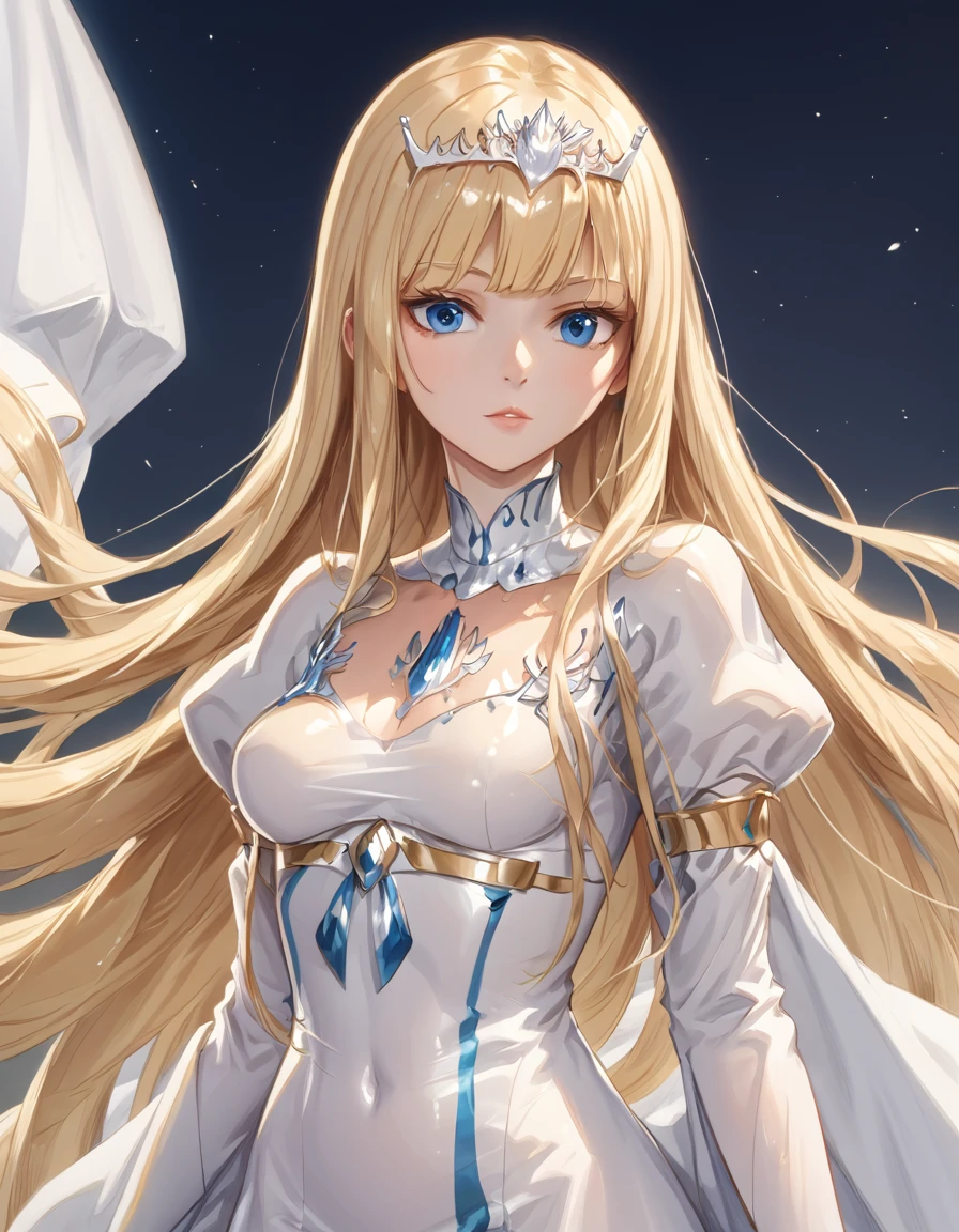  best quality, , score_9_up, shiny body, smooth body , perfect body, , anime_source ,,1girl,solo, calca, blonde hair, ,( extremely long hair:1.3), very long hair, extra long hair, white tiara, white dress, blue eyes,Calca Bessarez, medium breast,Calca