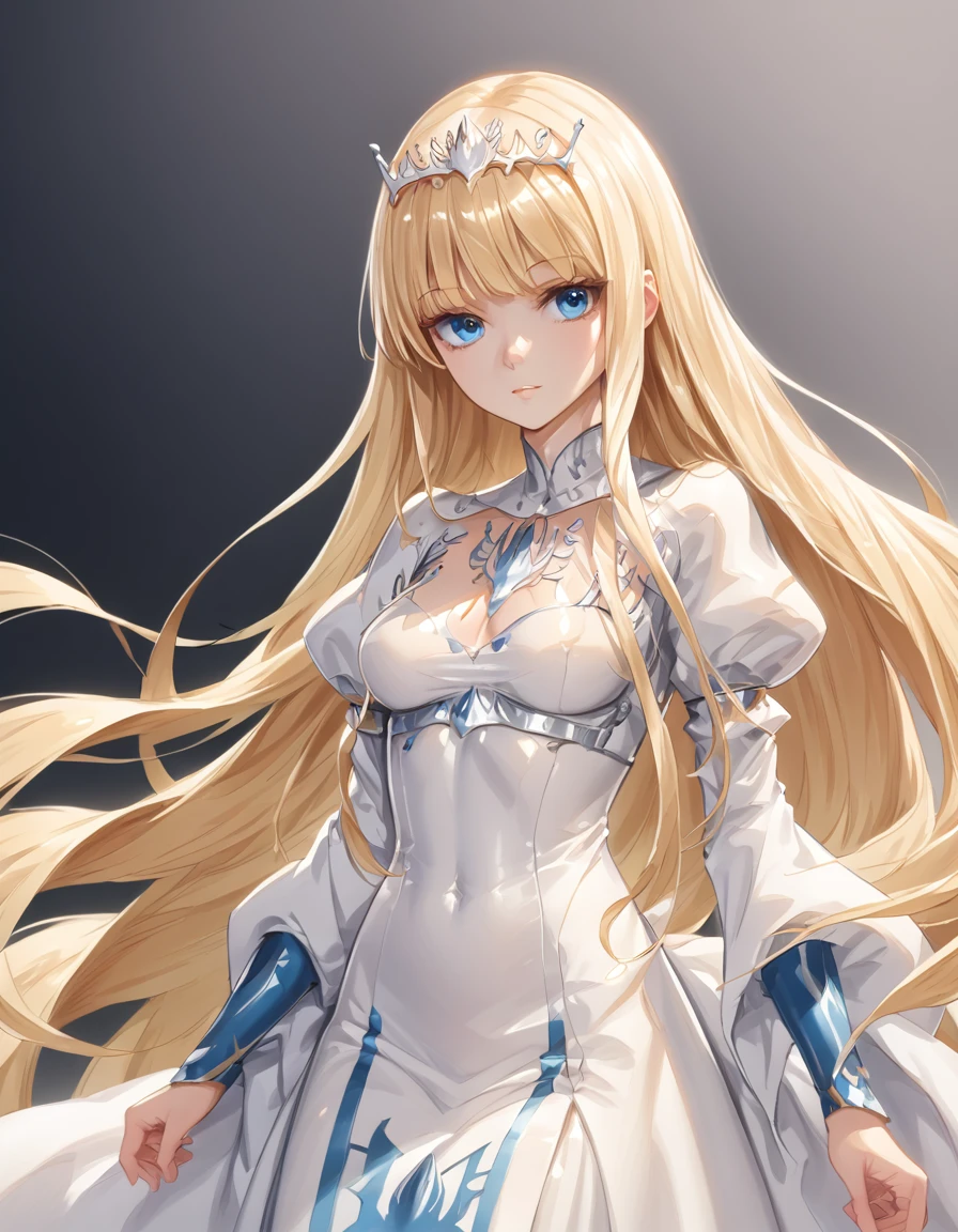  best quality, , score_9_up, shiny body, smooth body , perfect body, , anime_source ,,1girl,solo, calca, blonde hair, ,( extremely long hair:1.3), very long hair, extra long hair, white tiara, white dress, blue eyes,Calca Bessarez, medium breast,Calca