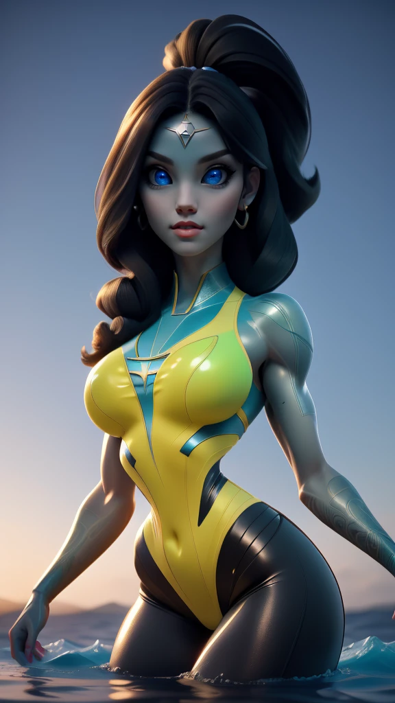 uma alienígena feminina bonita de biquíni, super-heroína dinâmica, corpo todo, características faciais altamente detalhadas, Olhos penetrantes, cílios longos, lábios carnudos, Nariz fino, Expressão hipnotizante, pose graciosa, corpo musculoso e tonificado, Cabelo esvoaçante, design de maiô intrincado, pele brilhante, Cabelo preto, iluminação dramática, atmosfera cinematográfica, cores vibrantes, fotorrealista, 8K, melhor qualidade, obra de arte