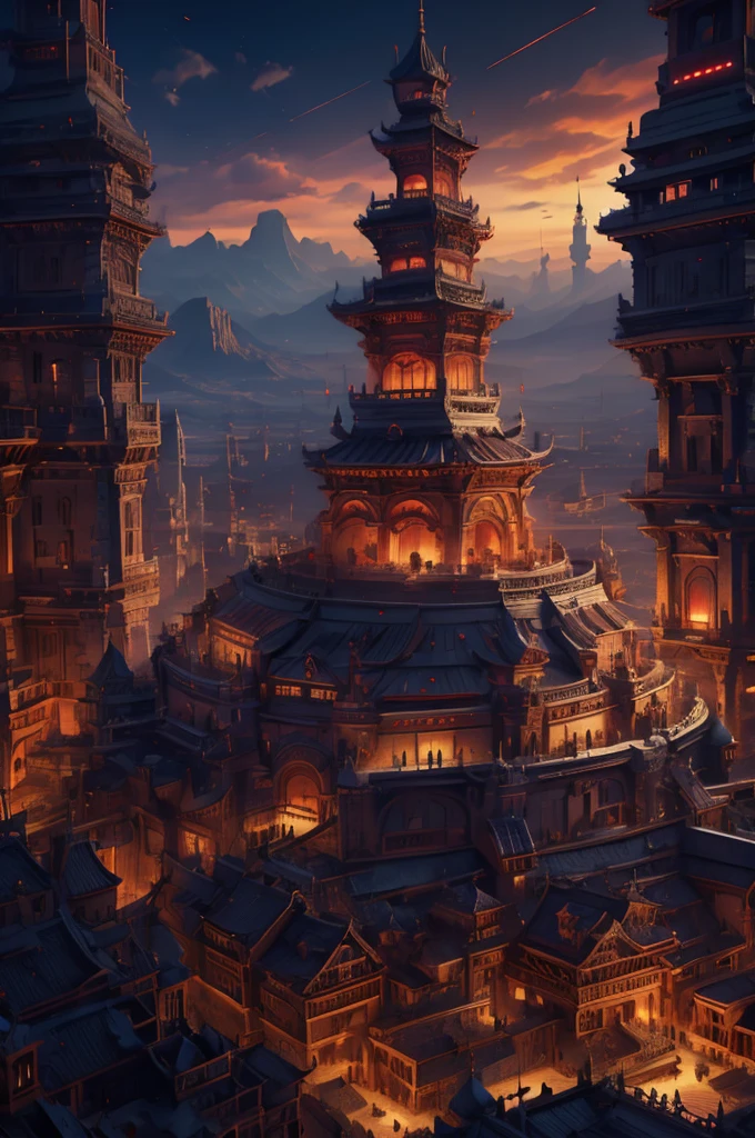 a large feudal cityscape, city of samurai, view from above, small ornate coliseum in the distance, stunning red accents and details, cinematic dramatic lighting, highly detailed, 8k, photorealistic, intricate architecture,