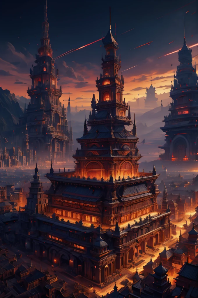 a large feudal cityscape, city of samurai, view from above, small ornate coliseum in the distance, stunning red accents and details, cinematic dramatic lighting, highly detailed, 8k, photorealistic, intricate architecture,