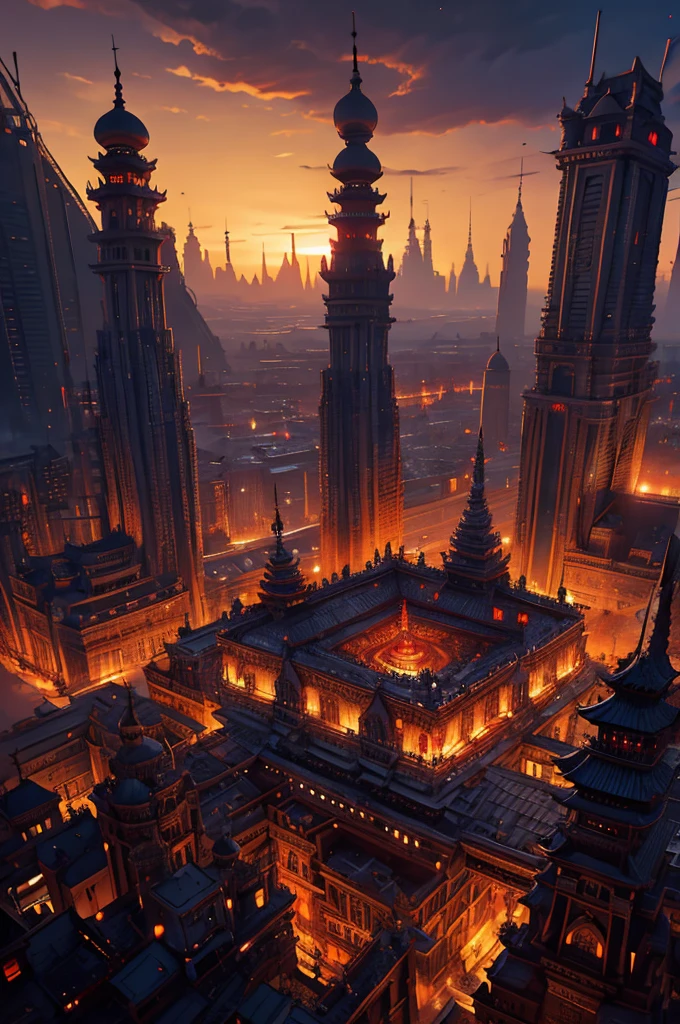 a large feudal cityscape, city of samurai, view from above, small ornate coliseum in the distance, stunning red accents and details, cinematic dramatic lighting, highly detailed, 8k, photorealistic, intricate architecture,