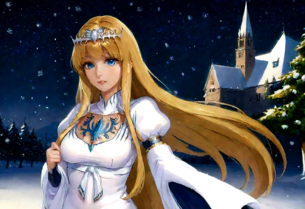 (best quality), ((masterpiece)), (highres), illustration, original, extremely detailed, light particles, glowing, upper body, , snowing, ,1girl,solo, calca, blonde hair, ,( extremely long hair:1.3), very long hair, extra long hair, white tiara, white dress, blue eyes,Calca Bessarez, medium breast,Calca