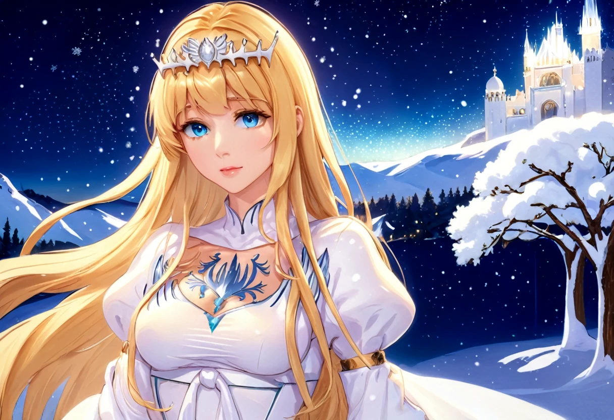 (best quality), ((masterpiece)), (highres), illustration, original, extremely detailed, light particles, glowing, upper body, , snowing, ,1girl,solo, calca, blonde hair, ,( extremely long hair:1.3), very long hair, extra long hair, white tiara, white dress, blue eyes,Calca Bessarez, medium breast,Calca