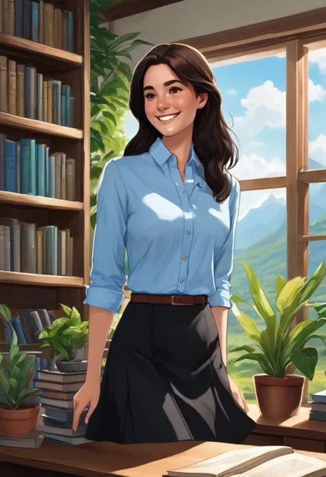 a woman with dark brown hair, smooth and long, Grinning, wearing a light blue button-down shirt and a black skirt. The scenery i...