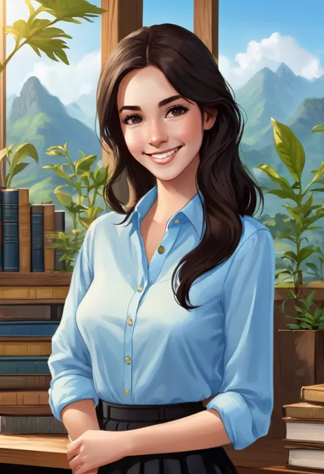 a woman with dark brown hair, smooth and long, Grinning, wearing a light blue button-down shirt and a black skirt. The scenery i...
