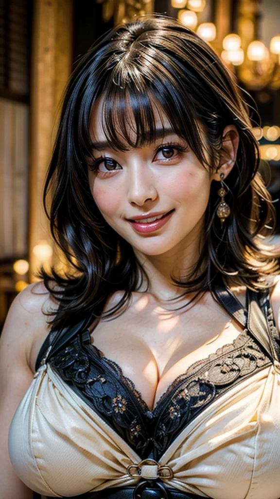 (Absurdly , high quality , Super detailed:1.2 ) ,( Handcrafted details ) , (Highly detailed beautiful face:1.4), ((Highest quality)), ((masterpiece)), (Become familiar with), Perfect Face、Sensual beauty、Voluptuous and glamorous body、Very beautiful face、Huge saggy tits、Japanese women, Beautiful woman at 50 years old、soft, Saggy breasts、smile ((Natural big breasts:1.2)),((Upper Body))