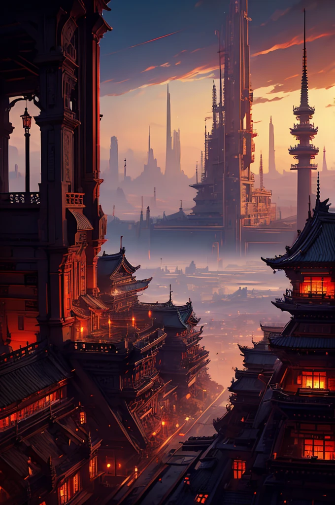 eine flache feudale Stadtlandschaft, Samurai-Stadt, Sicht von oben, atemberaubende rote Akzente und Akzente, filmisch dramatische Beleuchtung, sehr detailliert, 8k, fotorealistisch, komplizierte Architektur,