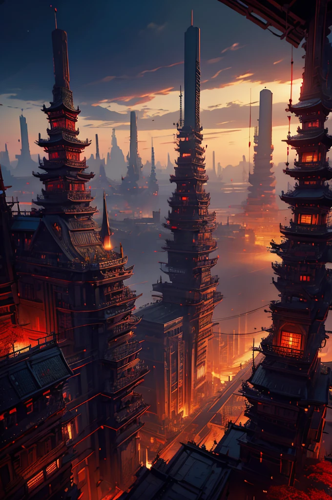 a flat feudal urban landscape, samurai city, view from above, stunning red accents and accents, cinematic dramatic lighting, highly detailed, 8k, photorealistic, intricate architecture,