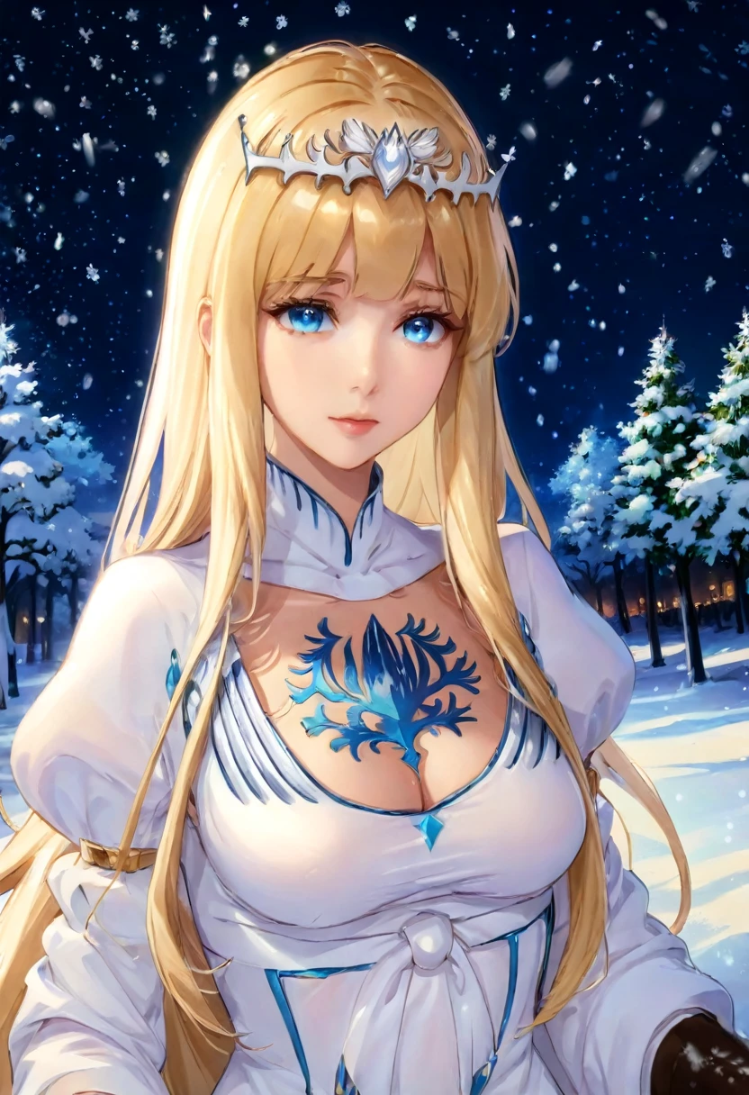 (best quality), ((masterpiece)), (highres), illustration, original, extremely detailed, light particles, glowing, upper body, , snowing, ,1girl,solo, calca, blonde hair, ,( extremely long hair:1.3), very long hair, extra long hair, white tiara, white dress, blue eyes,Calca Bessarez, medium breast,Calca