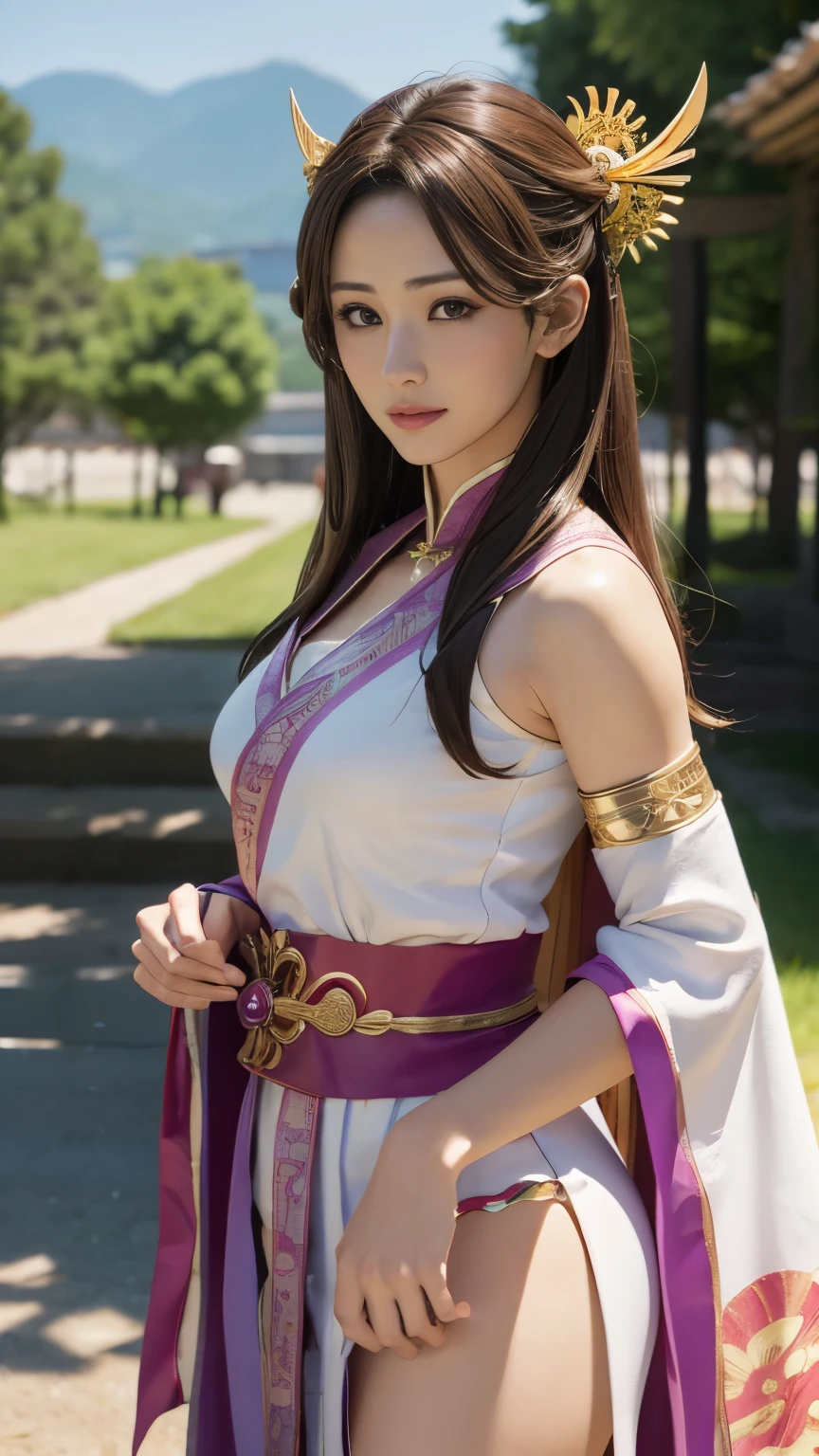 Diaochan aus Sangoku Musou 8,super realistisch,Haarschmuck,Perfektes Diaochan-Kostüm,Zwillingsschwanzteil、1 süßes Mädchen、1 Gymnasiast、lächeln,Schöne Augen、geschwollene Augen、Hell im Freien,Helle Innenstadt、höchste Qualität, 超Hohe Auflösung, (Wirklichkeit: 1.4), Filmbeleuchtung、super schön、Schöne Haut、Körper nach vorne gerichtet、ganzer Körper,Oberkörper、(超Wirklichkeit的な)、(Hohe Auflösung)、(8k)、(Sehr detailiert)、(美しくSchöne Augen)、(Super detailliert)、 (Wand-)、Detailliertes Gesicht、helle Beleuchtung、professionelle Beleuchtung、den Betrachter anschauen、Schau geradeaus、schräger Pony、braune Haare、Nogizaka-Idol、