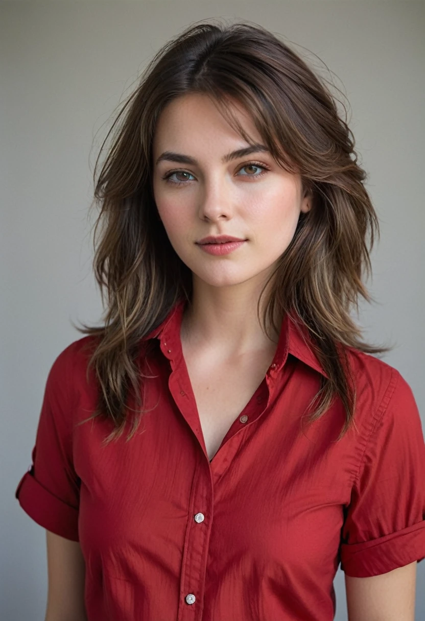 A portrait of a young woman with windswept, medium-length brown hair with natural highlights. Her eyes should appear piercing and direct, engaging the viewer, while her lips are slightly parted in an approachable expression. She wears a red, collared shirt that is unbuttoned at the top, portraying a sense of casual elegance. The overall mood is relaxed and natural, with a neutral gray background to contrast the rich red of her shirt and highlight her fair complexion."