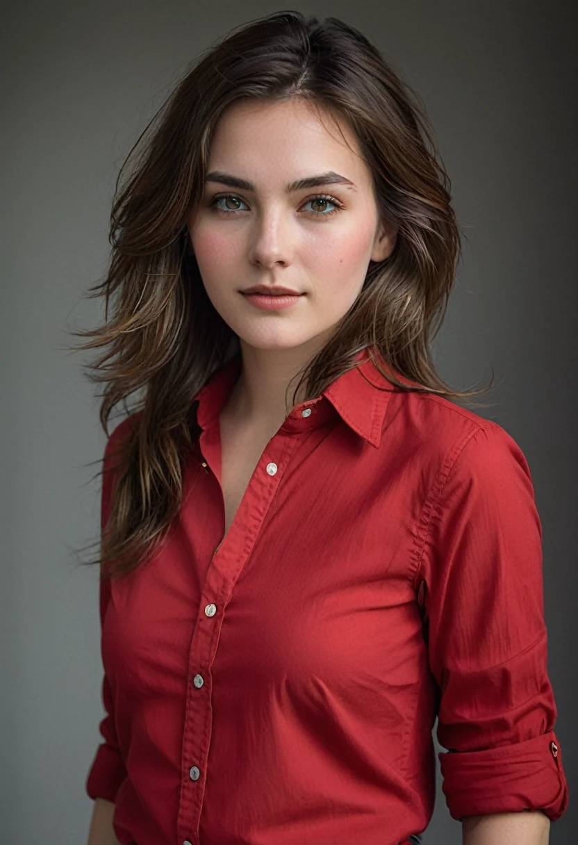 A portrait of a young woman with windswept, medium-length brown hair with natural highlights. Her eyes should appear piercing and direct, engaging the viewer, while her lips are slightly parted in an approachable expression. She wears a red, collared shirt that is unbuttoned at the top, portraying a sense of casual elegance. The overall mood is relaxed and natural, with a neutral gray background to contrast the rich red of her shirt and highlight her fair complexion."