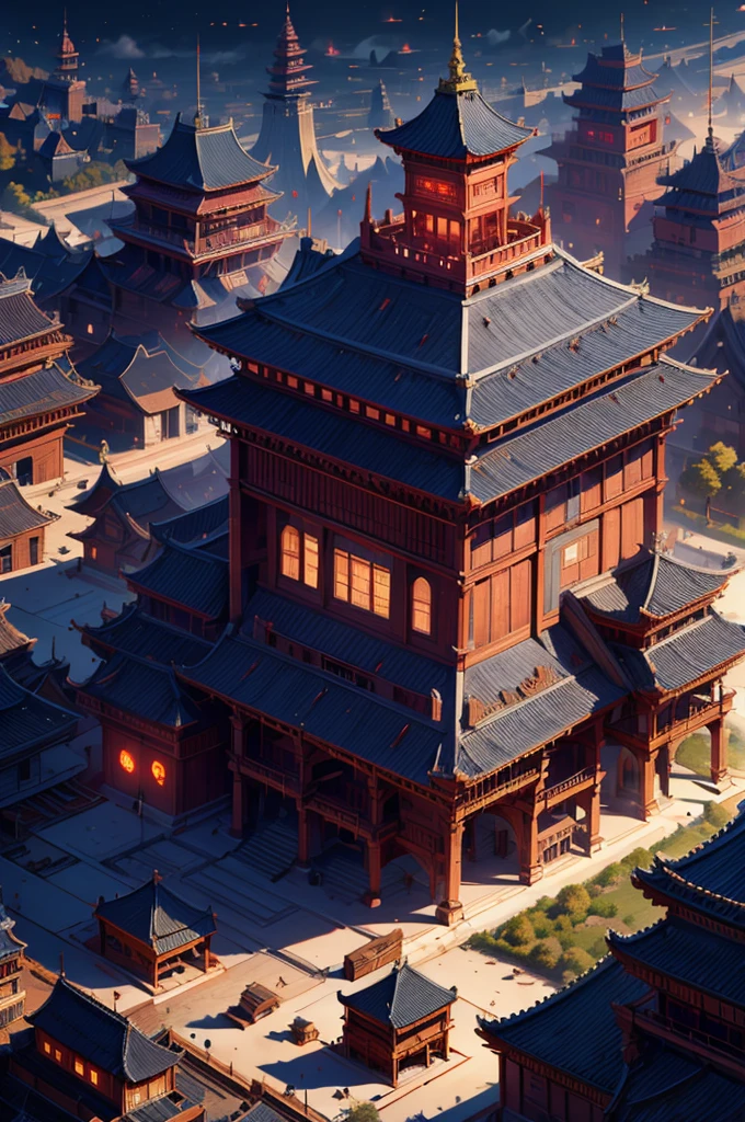 eine feudale urbane flache Landschaft, Samurai-Stadt, Sicht von oben, atemberaubende rote Akzente und Akzente, dramatische filmische Beleuchtung, komplizierte Architektur,