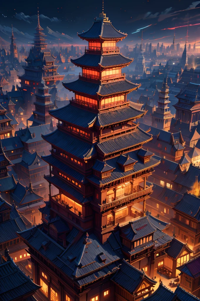 a feudal urban flat landscape, samurai city, view from above, stunning red accents and accents, dramatic cinematic lighting, intricate architecture,