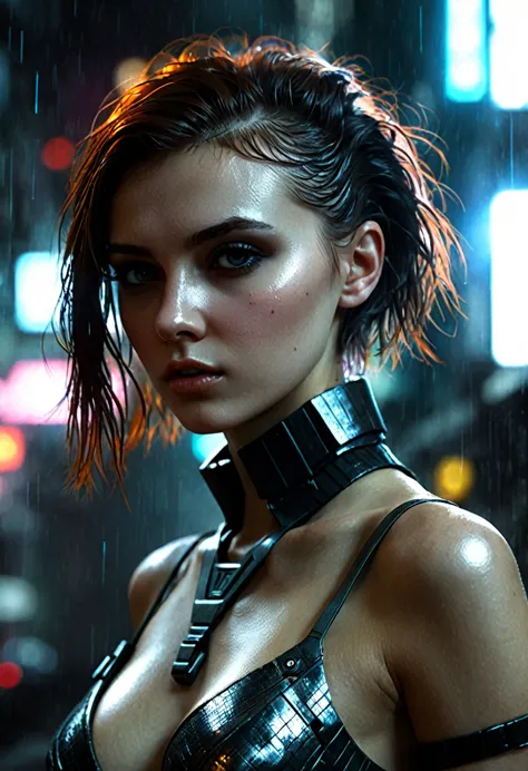 JuliaAdamenko, (physically based rendering, photographic close up scale), girl dark, dystopia, (in style of bladerunner),