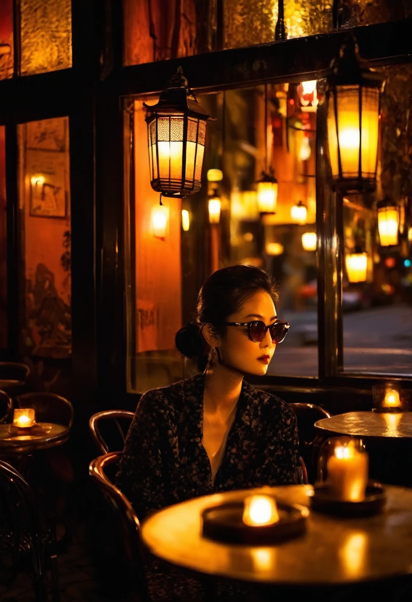 一家神秘的夜间咖啡馆，昏暗的灯笼在鹅卵石街道上投射出温暖的光芒, 摆放着闪烁蜡烛的小桌子, 晚上，沮丧的亚洲女人坐在昏暗的咖啡馆里, 从窗户你可以看到, 完美形象, 太阳镜, 霓虹黑, (背光: 1.1), 硬阴影, 艺术品, 最好的质量, 复杂的, 模特拍摄风格, 高质量, 胶片颗粒, 细节不完整. 捕捉阴影和高光的相互作用, 摄影, 配备 50 毫米定焦镜头的全画幅数码单反相机, F/2.8 光圈, --16:9-5 点&#39;钟
