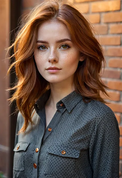 an image of a young woman with shoulder-length tousled auburn hair. she has a serene expression and is wearing a charcoal grey, ...