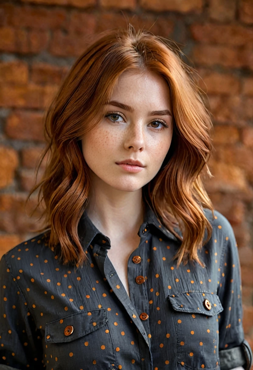 An image of a young woman with shoulder-length tousled auburn hair. She has a serene expression and is wearing a charcoal grey, textured shirt with a dotted pattern and chest pockets. The shirt has copper-toned buttons, partially undone. The background is blurred to keep the focus on her and her attire, capturing a relaxed and informal vibe in a close-up shot with warm lighting that highlights the richness of her hair color.