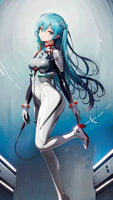 ((初音ミクはplug suitを着ている))、big breasts、latex bodysuit、plug suit((neon genesis evangelion))、plug suitの色は白と水色、high heels、the backgrou...