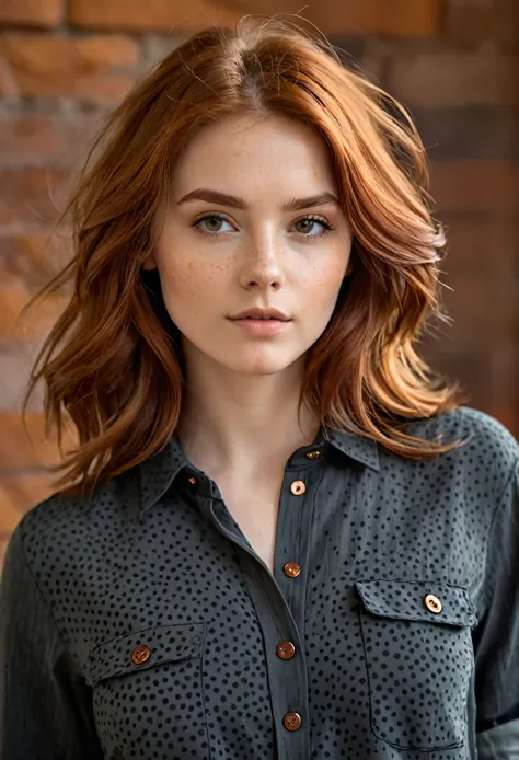 An image of a young woman with shoulder-length tousled auburn hair. She has a serene expression and is wearing a charcoal grey, ...