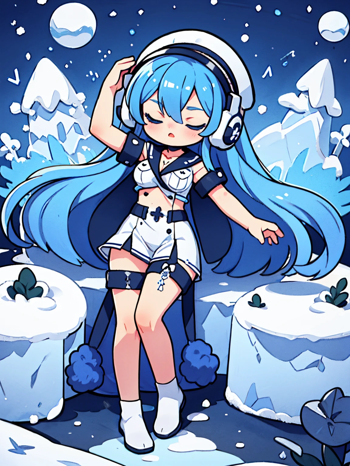 (artwork, best quality) a girl with long blue hair, closed eyes, blue eyelashes, white sailor suit, big breasts, perfect body, beautiful eyes, good waist, tattoo, screaming with joy, arms and legs open, listening to music with a headset, lying in the snow