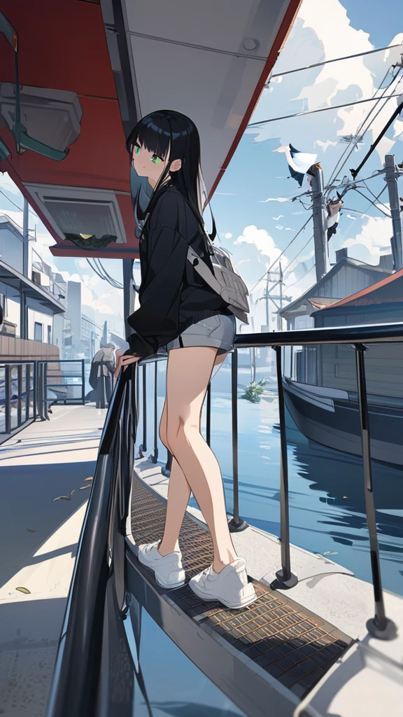 masterpiece, Exquisite detail,Highest quality, One girl, alone, handrail, cloud, 立ってzeroを見上げている,Long Hair, shoes, zero, Long sleeve, sneakers, Power lines, White footwear, Black Hair, View your viewers, Electric pole, bangs, cloudy zero, fish, bird, Green Eyes, Shorts, Day, Black Shirt, barefoot