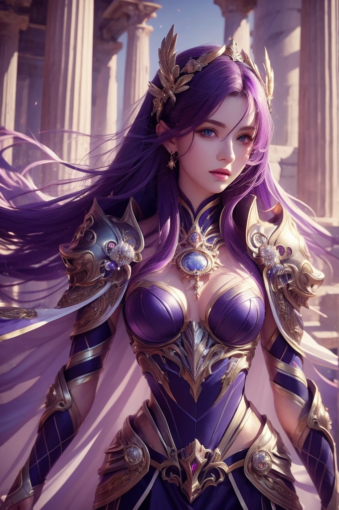 one woman, 25 year old, Greek goddness, purple hairs, blue eyes, greece, ancien temple, perfect bosy, masterclass, HD, 8k, wearing an armor, white cape, 