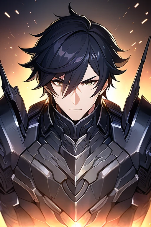 (work of art, best qualityer, face perfect, expressive eyes), Black Knight Armor, black leather cover, details Intricate, black breastplate, a male anime,single character, short black hair with white highlights, barba, visual novel sprite, detailed black armor, high qualiy, cinematic, dramatic pose, details Intricate, swirly vibrant colors, work of art, impacto genshin. 