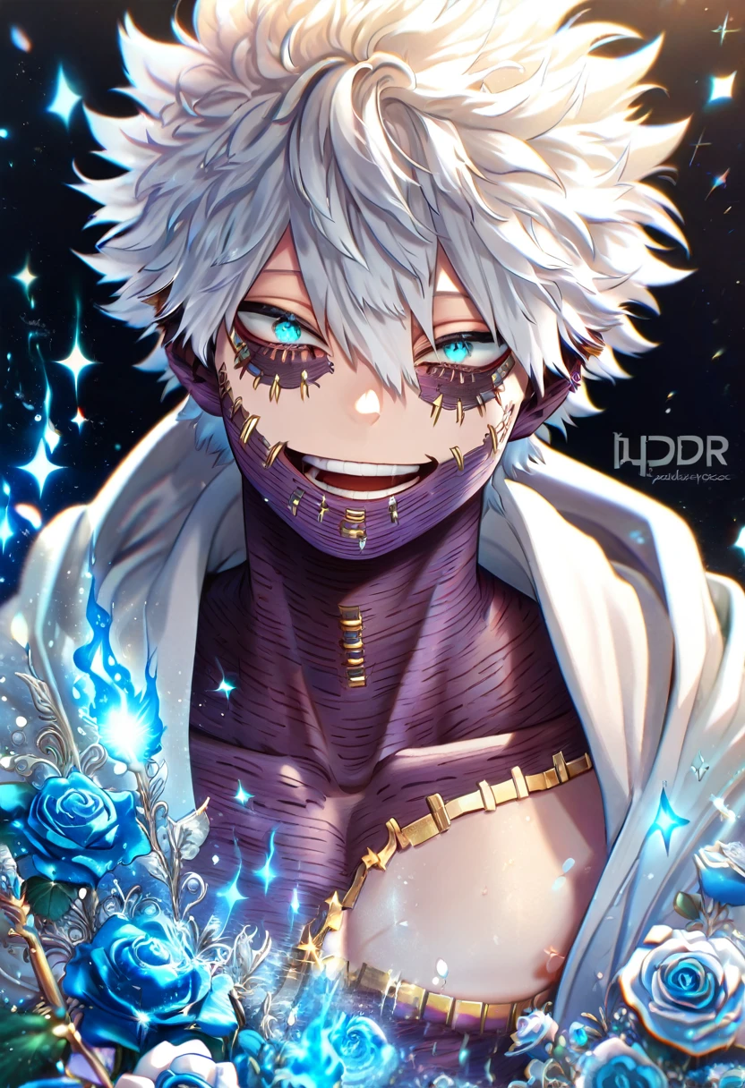 (absurdres, highres, ultra detailed, HDR) master piece, best quality, extremely detailed face, delicated features, Dabi, white hair, expressive turquoise eyes, Boku No Hero Academia, solo, sexy man, handsome, smile, white coat, bare chest, magical fantasy, glittering, sparkling, blue roses, radiant, blue sparkling fireflies, blue fire, envy magical, fantasy