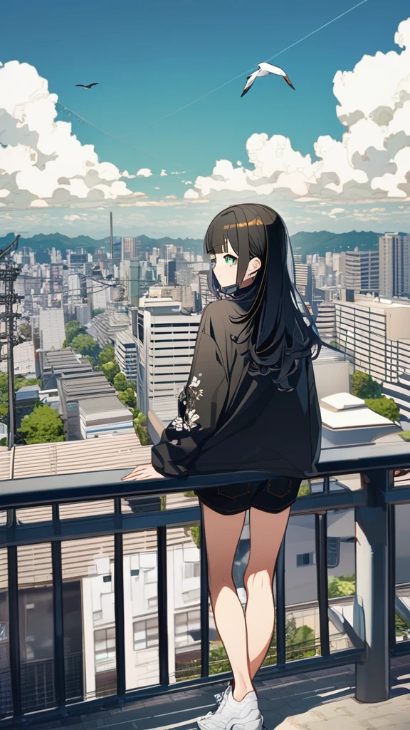 masterpiece, Exquisite detail,Highest quality, One girl, alone, handrail, cloud, 立ってNULLを見上げている,Long Hair, NULL, Long sleeve, sneakers, Power lines, White footwear, Black Hair, View your viewers, Electric pole, bangs, cloudy NULL, fish, bird, Green Eyes, Shorts, Day, Black Shirt, barefoot,Buildings,Tokyo city,walk