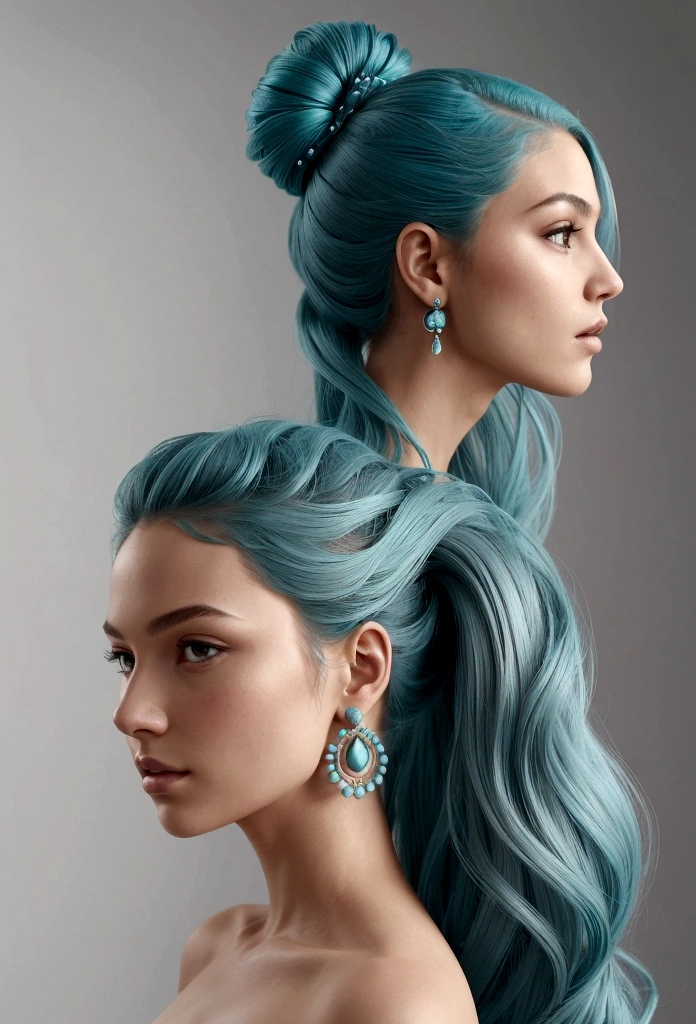  an image of a person with a flowing, sculptural hairstyle and garment that echo the movement of water. The hair and attire should be crafted with smooth, swirling patterns that extend and blend into each other, in a seamless and organic fashion. The color scheme should be a gradient of turquoise to aquamarine, set against a neutral gray background to emphasize the subject. The subject's pose should be elegant and poised, with a profile view showcasing refined features and a calm, contemplative expression. Add a detailed, ornate earring to the subject to bring an additional element of sophistication. The lighting should cast soft shadows to define the swirling forms, creating a luxurious and modern aesthetic."