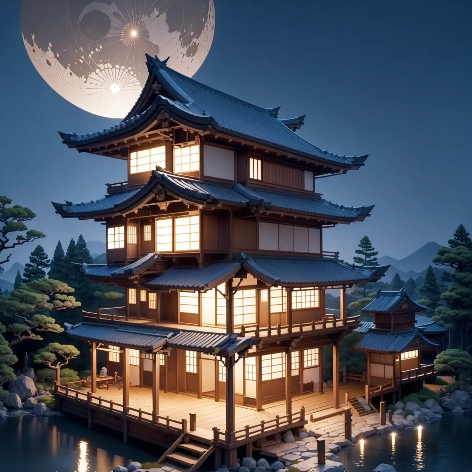 Dark blue background, Japanese landscape ; Japanese garden; Japanese architecture ; Japanese Pagoda ;full moon; nighttime; Japanese pine trees; serene; Fibonacci, golden ratio, color, passion, incredibly detailed, 8k, masterpiece, artstation, surreal