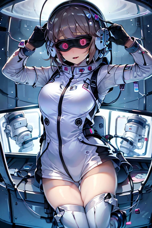 1 Girl, whole body, (space helmet):10,He has a large metal helmet on his head that covers his hair and eyes., tube, wire, She gets electrocuted, brainwashing,astrovest,bing_astronaut,blush,torogao,