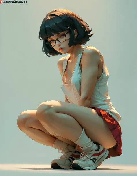 a woman in a short skirt and glasses, short hair is posing for a photo, a hyperrealistic anime girl, hyperrealistic, cutesexyrob...